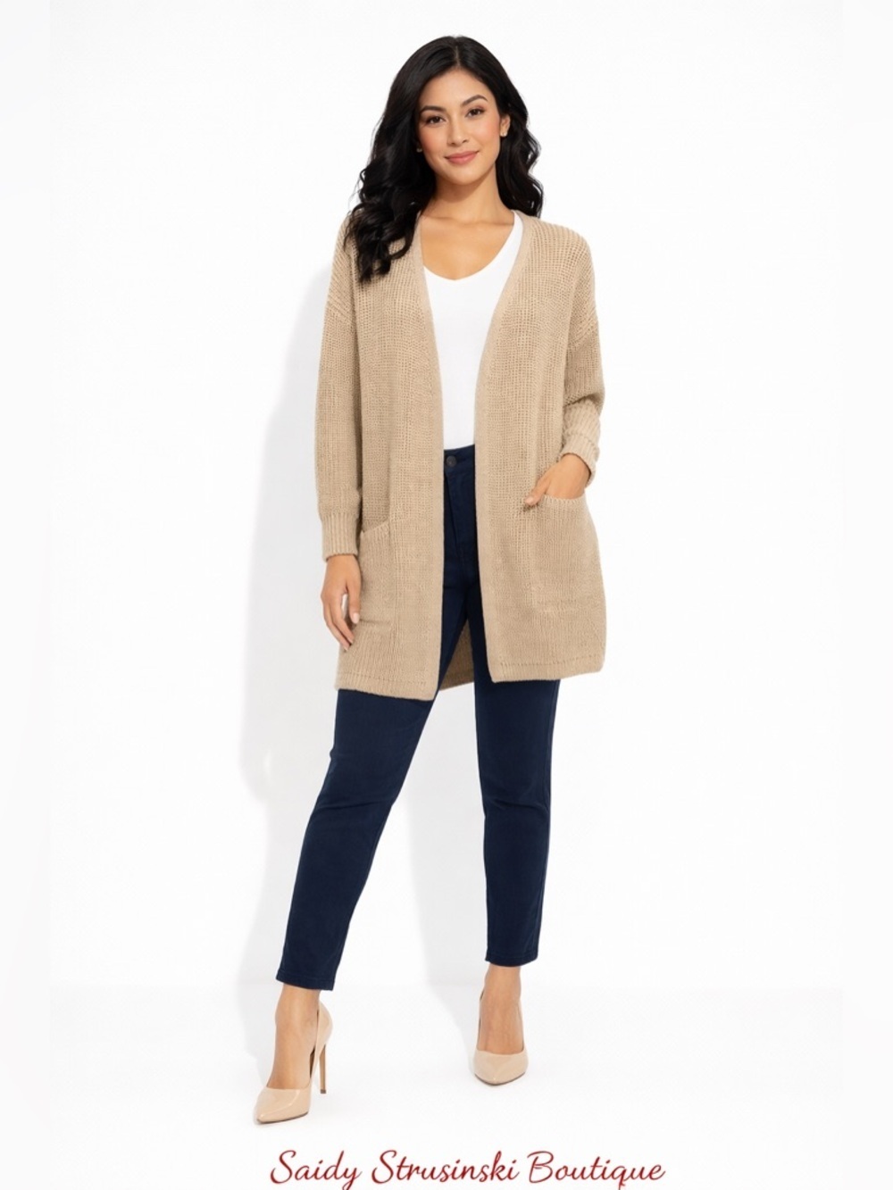 PINK ROSE women open front beige long cardigan/size XL